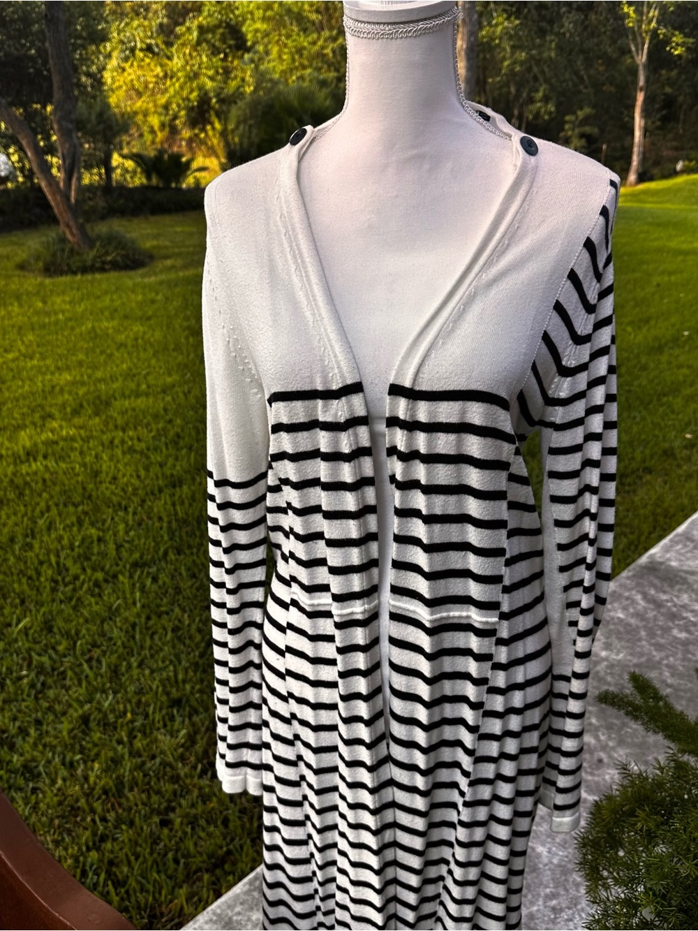 CAbi Black and White Striped Lightweight Cardigan